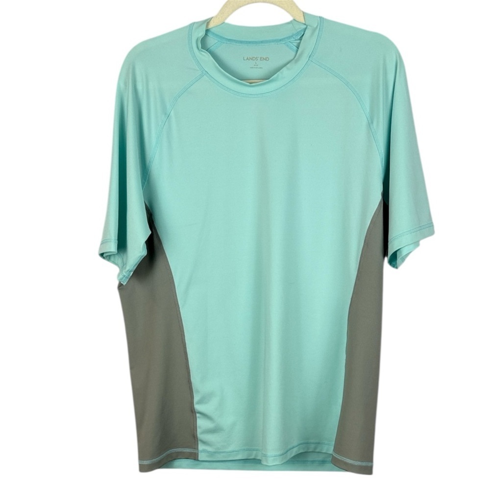 Lands' End Men's Aqua Blue Short-Sleeve Swim Shirt with Gray Panels Large-42-44
